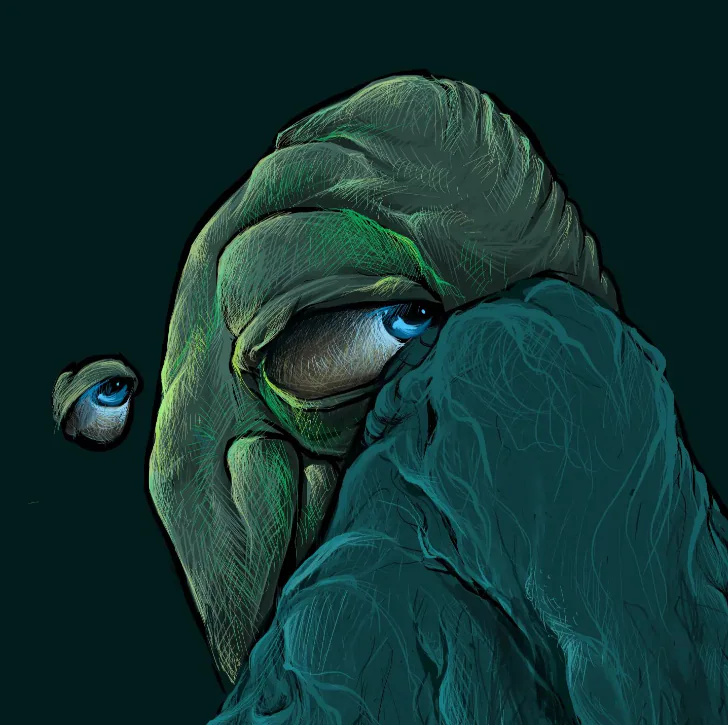 Turquoise creature with blue eyes, partially hidden in the folds of its body.